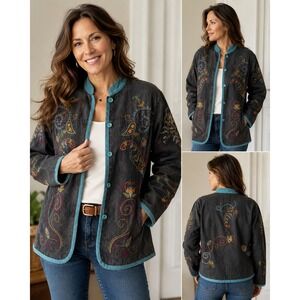 Denim & Co Embroidered Denim Jacket Large Dark Wash Teal Trim‎ Floral Paisley L